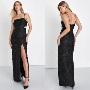 Lulus Gorgeously Chic Black Floral Jacquard Cutout Maxi Dress S Wedding Party